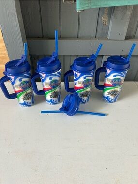 Universal Blue Wave Travel Tumblers with Handles and Straws - Set of 4